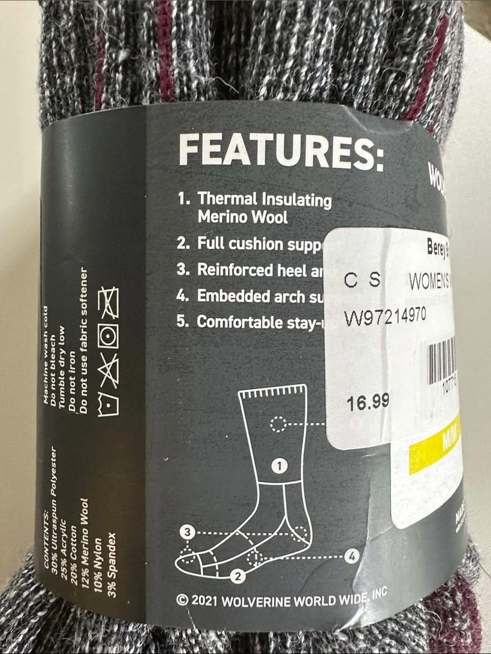 Wolverine Gray and Maroon Wool Boot Socks